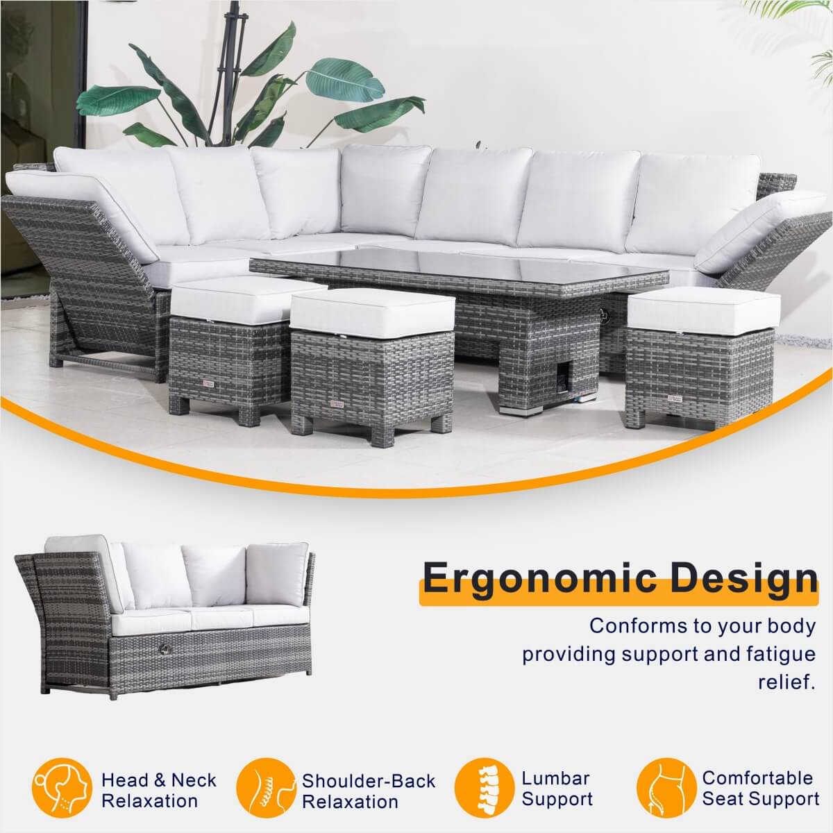 Premium Aluminium Modular Sofa Set - 9-Seater with Gas-Lift Armrests & Adjustable Table, Grey/Brown