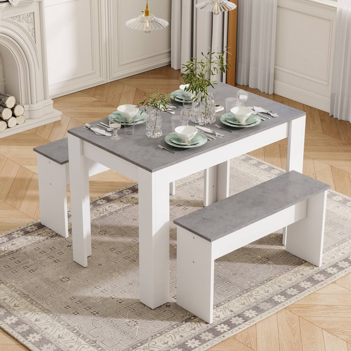 Dining Table Set with 2 Benches - Artificial Marble Kitchen & Dining Table for Small Spaces, Grey & White