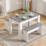 Dining Table Set with 2 Benches - Artificial Marble Kitchen & Dining Table for Small Spaces, Grey & White