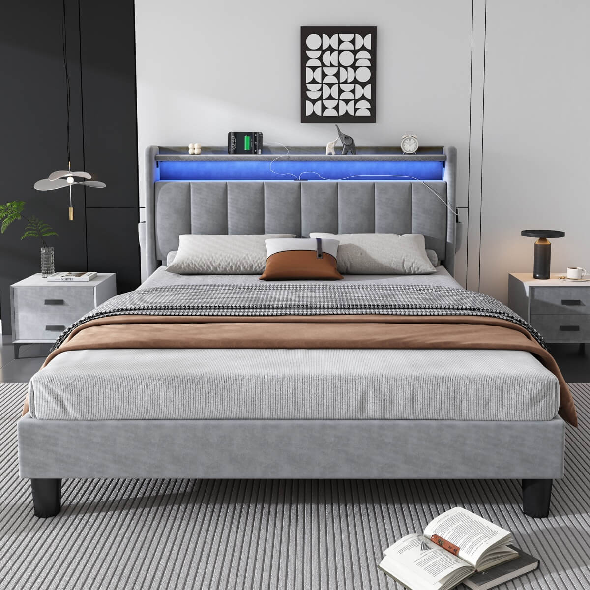 4ft6 Double Velvet LED Storage Bed - Upholstered Bed with USB & Type-C Charging, Grey