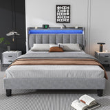 4ft6 Double Velvet LED Storage Bed - Upholstered Bed with USB & Type-C Charging, Grey
