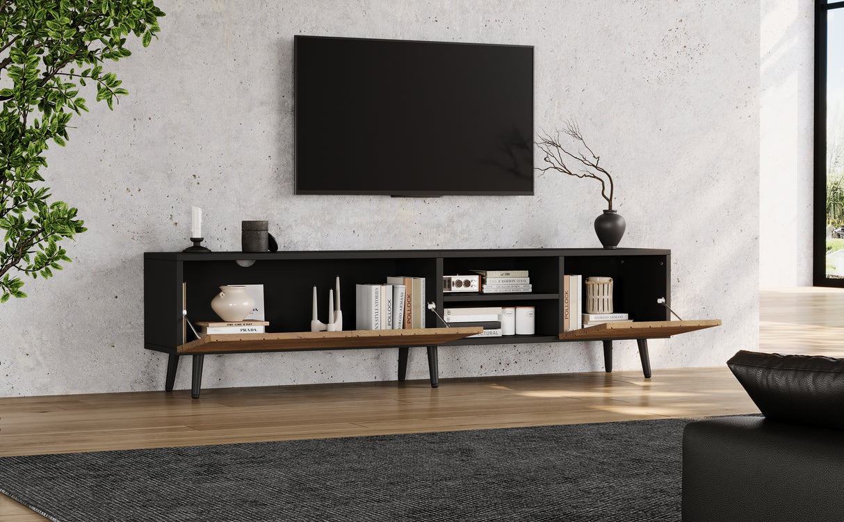 Modern Geometric TV Stand, Lowboard, TV Cabinet, TV Unit, Modern Industrial Entertainment Center, Black Media Console with Open Shelf & Cabinets, Low Storage Cabinet for Living Room