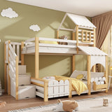 Single Over Double Triple Sleeper Bunk Bed with Storage Stairs - Kids House Bed with Roof and Safety Rails, White and Wood Effect, 90x190cm and 135x190cm
