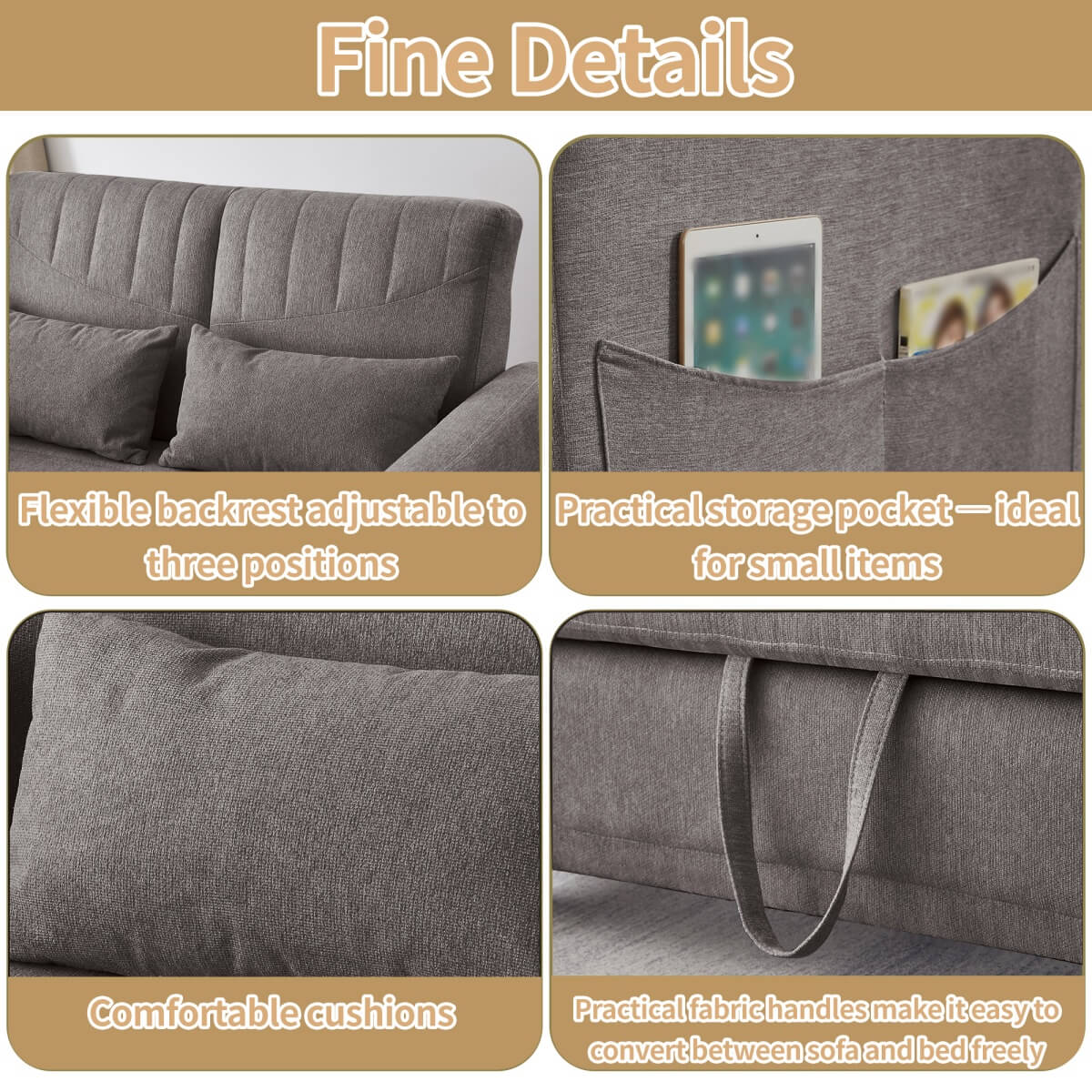 2 Seater Pull-Out Sofa Bed with Adjustable Backrest - Convertible Sleeper Sofa, Cotton Linen Fabric, Dark Gray