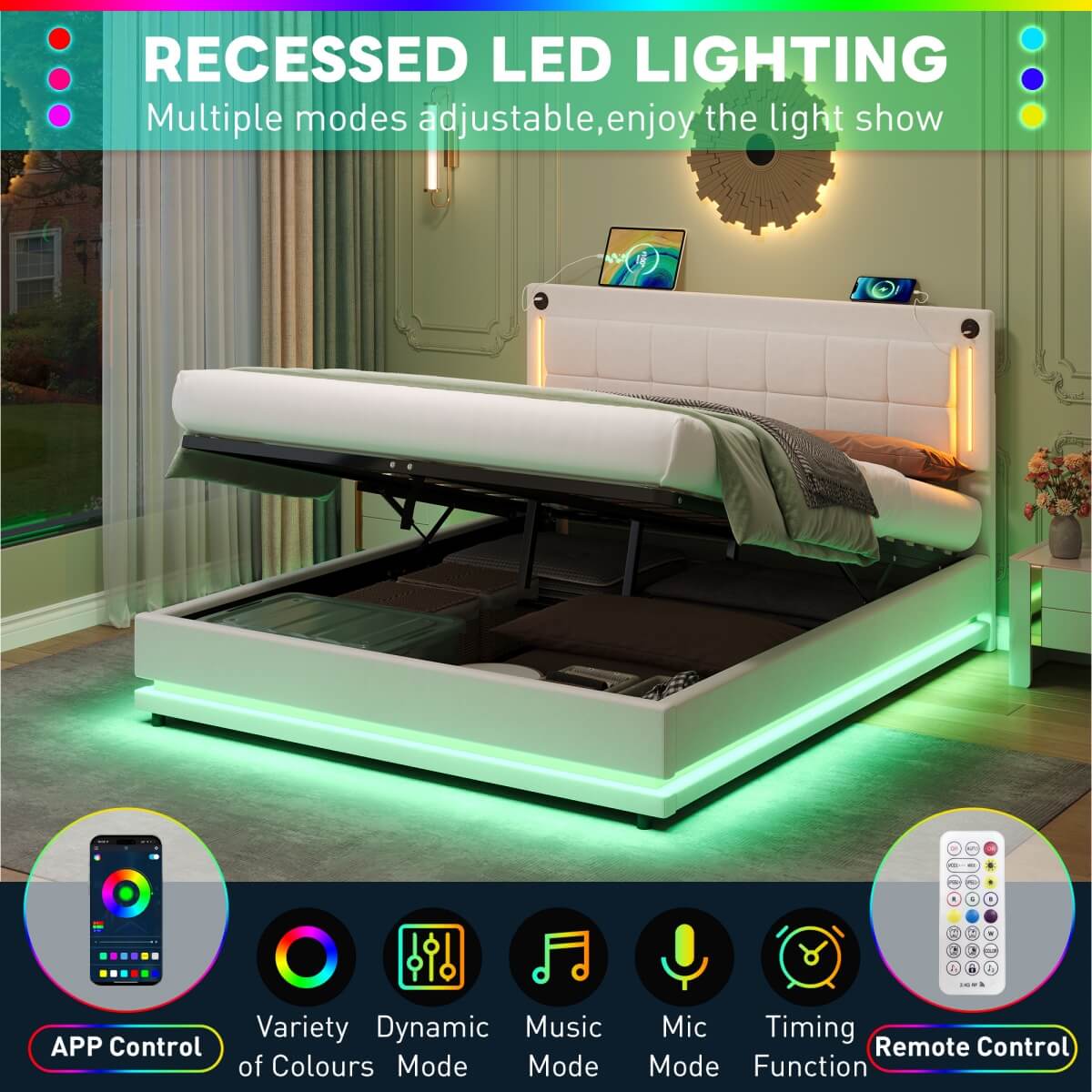 4ft6 Double Velvet LED Hydraulic Bed - Adjustable Tufted Headboard with USB and Type C Charging