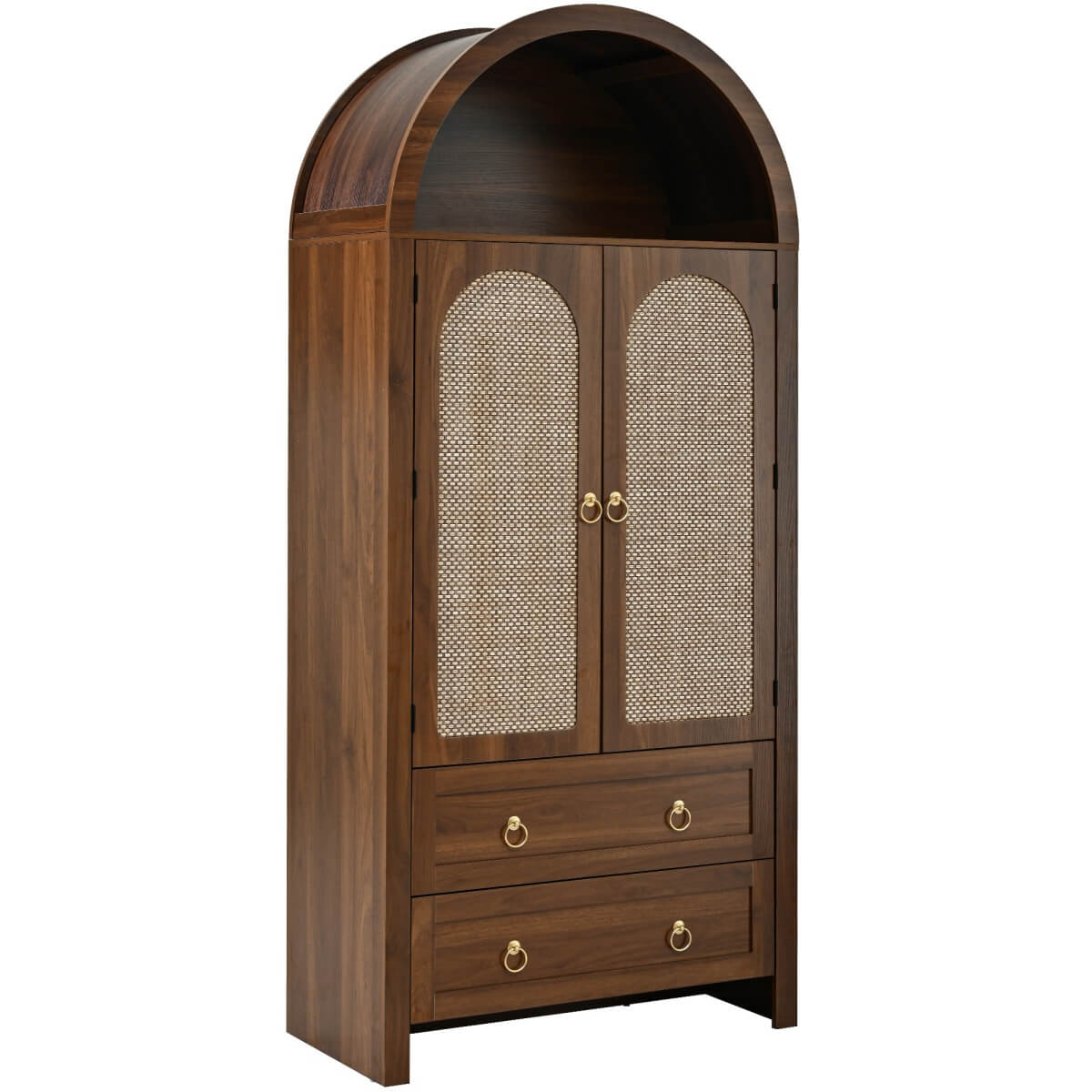 Rattan Effect Sideboard with 2 Drawers - Vintage Storage Cabinet with Arched Design for Living Room and Bedroom, Walnut