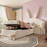3ft Bunny Ears Kids Storage Bed with Hydraulic Lift & Bedside Shelf - Upholstered Single Bed, Beige