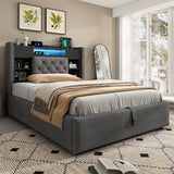 4ft6 Double Upholstered Storage Bed with Hydraulic Lift - LED Lighting & Charging Station, Linen, Grey