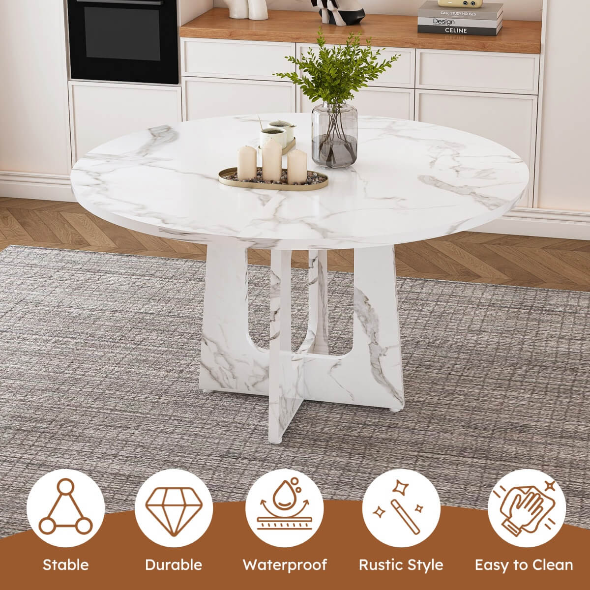 Round Dining Table for 4 - 47 Inch Farmhouse Kitchen Table with Wood Grain Finish, Circular Dining Table for Dining Room & Kitchen, White