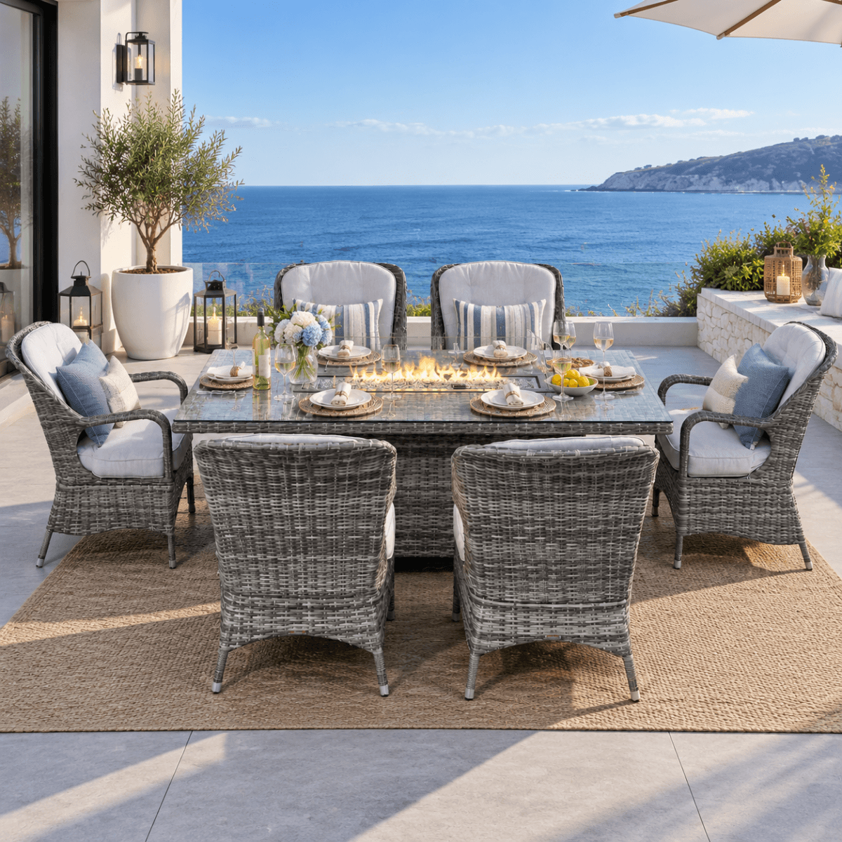 6-Seater Outdoor Fire Pit Dining Set - Rectangle Fire Pit Table for Garden and Patio