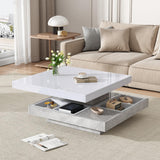 360° Rotating Coffee Table – High Gloss, Storage Compartments, Marble Effect, White
