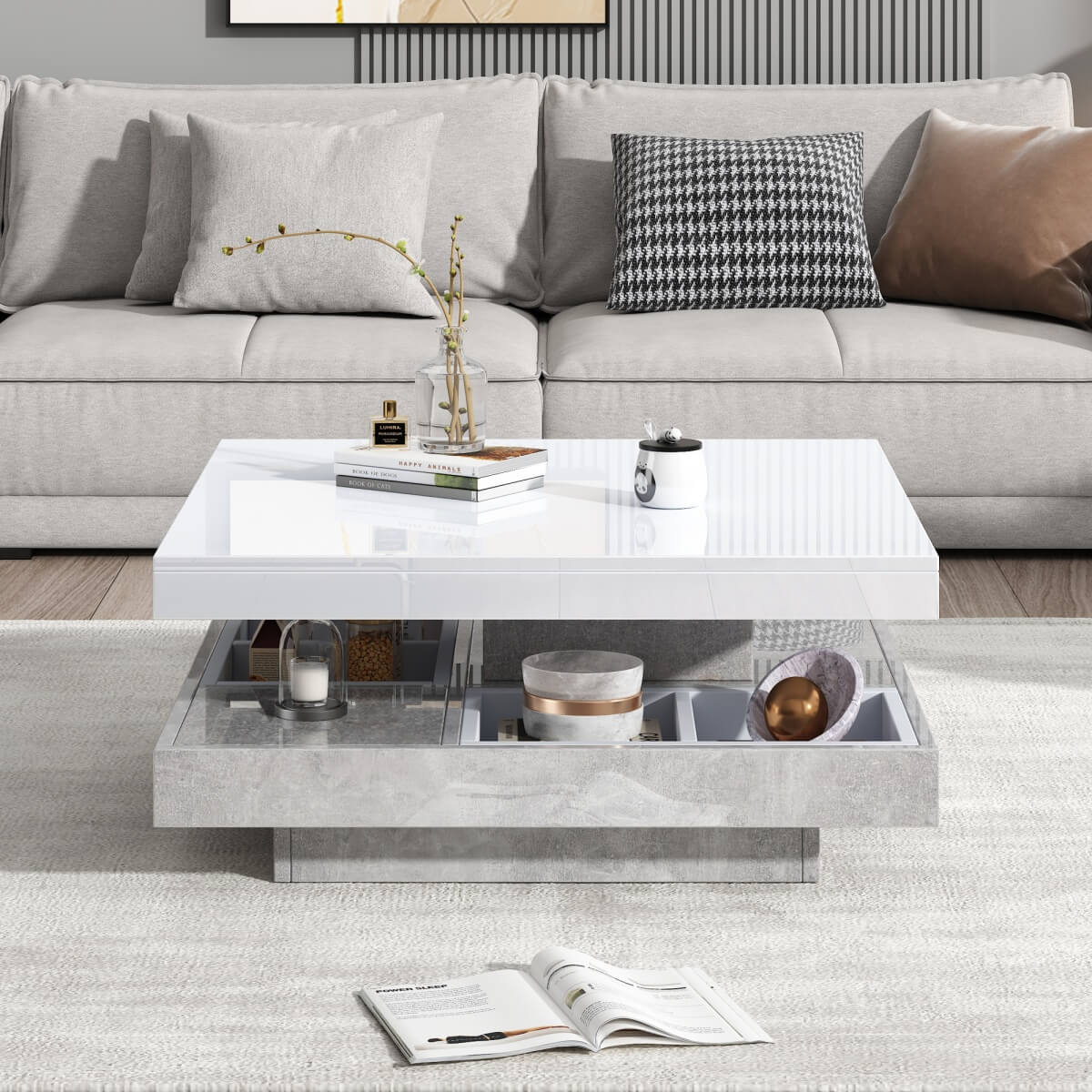 360° Rotating Coffee Table – High Gloss, Storage Compartments, Marble Effect, White