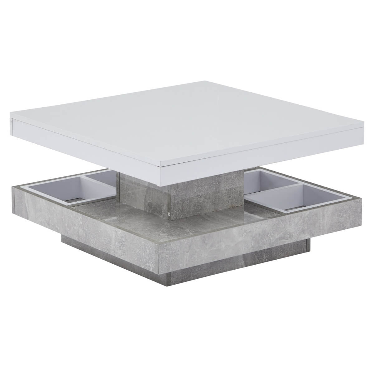 360° Rotating Coffee Table – High Gloss, Storage Compartments, Marble Effect, White