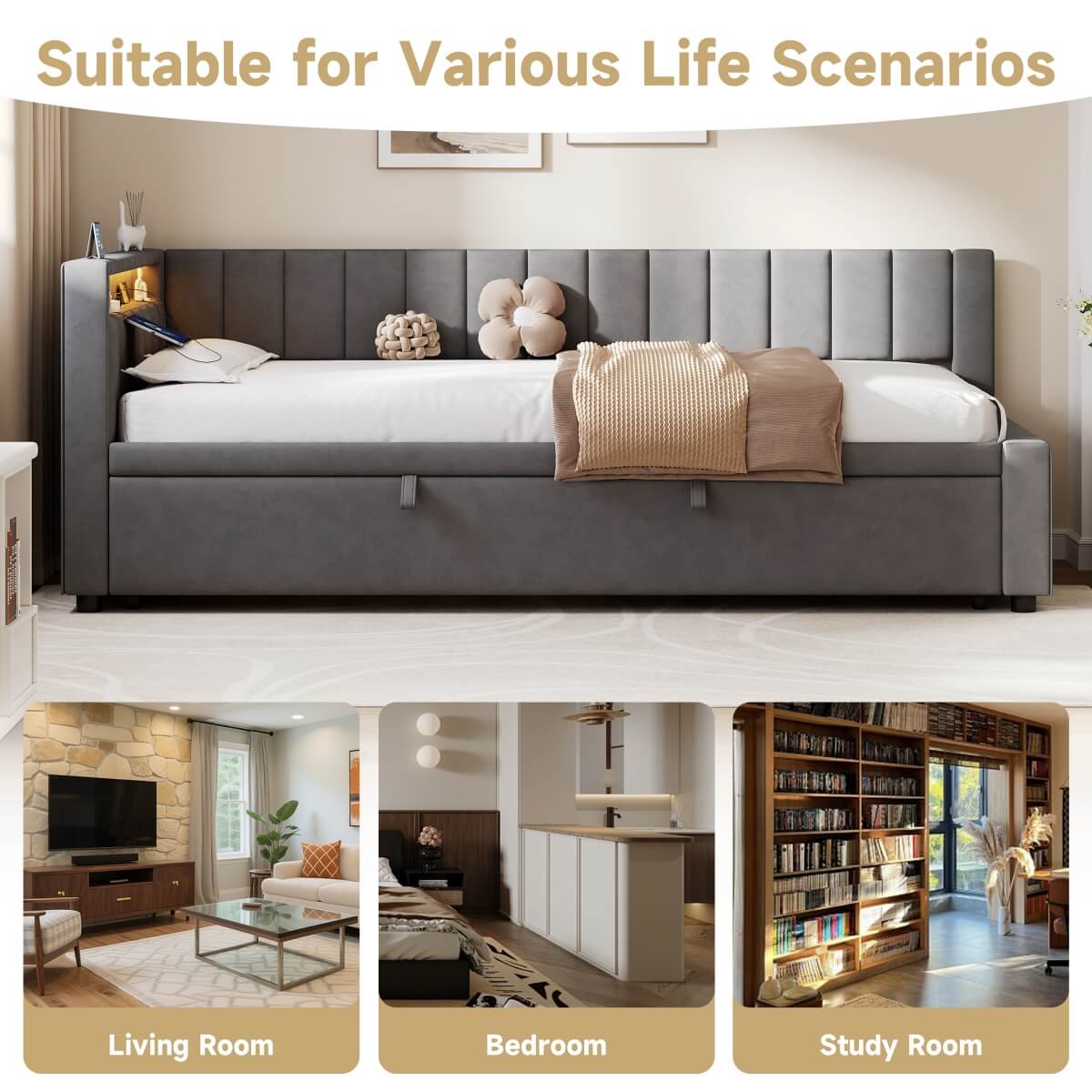 3ft Single Velvet Daybed with Trundle - Reversible Sofa Bed with RGB LED Lights and Charging Station, Grey