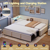 3ft Single Velvet Daybed with Trundle - Reversible Sofa Bed with RGB LED Lights and Charging Station, Beige