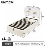 3ft Single Boucle Ottoman Bed Frame with Hydraulic Storage - RGB LED Lights, USB-C Charging Ports, Beige