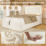 3ft Single Boucle Ottoman Bed Frame with Hydraulic Storage - RGB LED Lights, USB-C Charging Ports, Beige