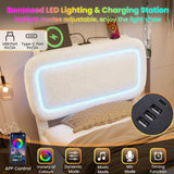 3ft Single Boucle Ottoman Bed Frame with Hydraulic Storage - RGB LED Lights, USB-C Charging Ports, Beige