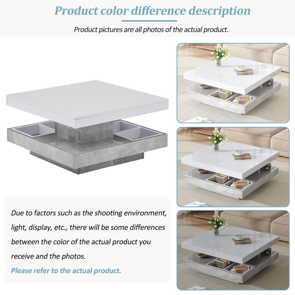 360° Rotating Coffee Table – High Gloss, Storage Compartments, Marble Effect, White