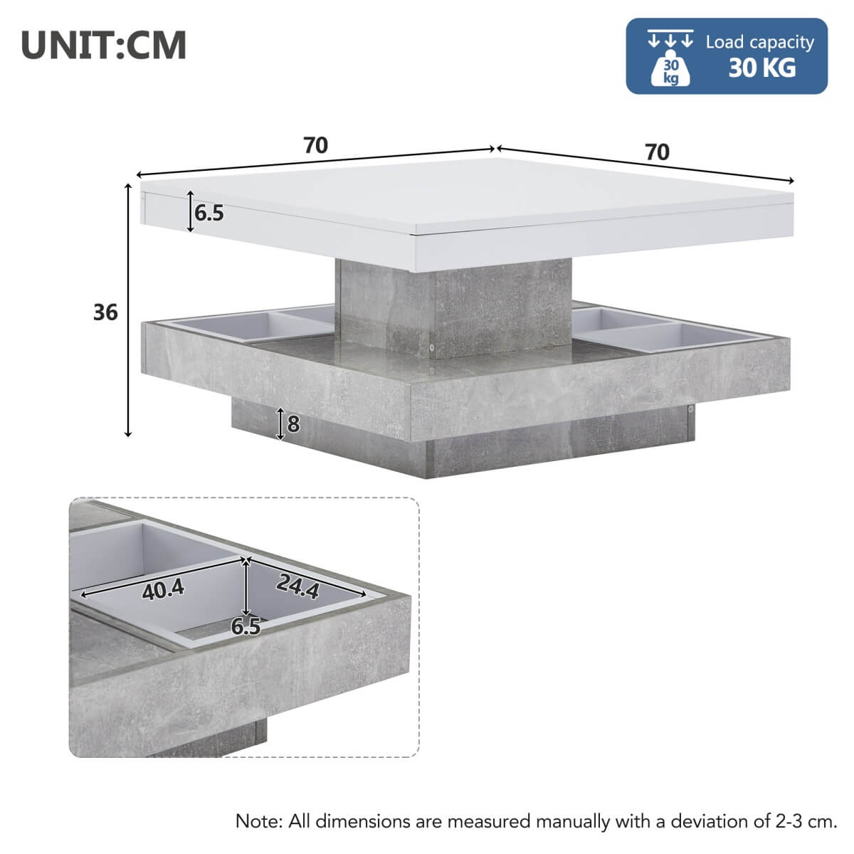 360° Rotating Coffee Table – High Gloss, Storage Compartments, Marble Effect, White