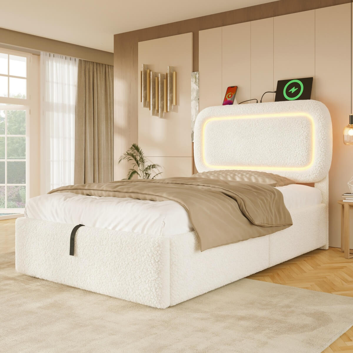 3ft Single Boucle Ottoman Bed Frame with Hydraulic Storage - RGB LED Lights, USB-C Charging Ports, Beige
