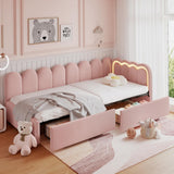 3ft Single Velvet Daybed - RGB LED Lights, 2 Storage Drawers, Scalloped Backrest, Pink