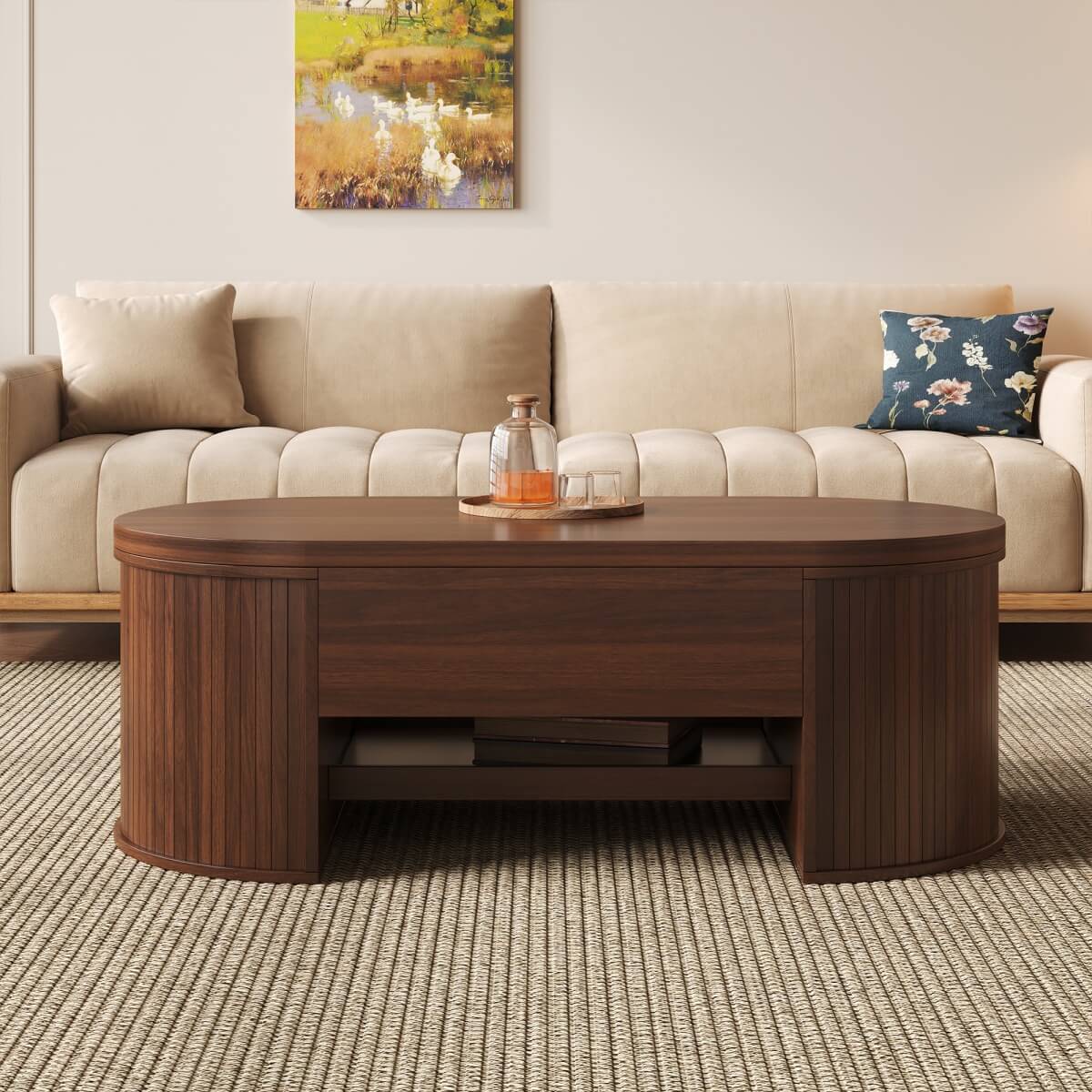 Lift-Top Coffee Table with Curved Wood Sides - Extendable Storage Centre Table for Living Room