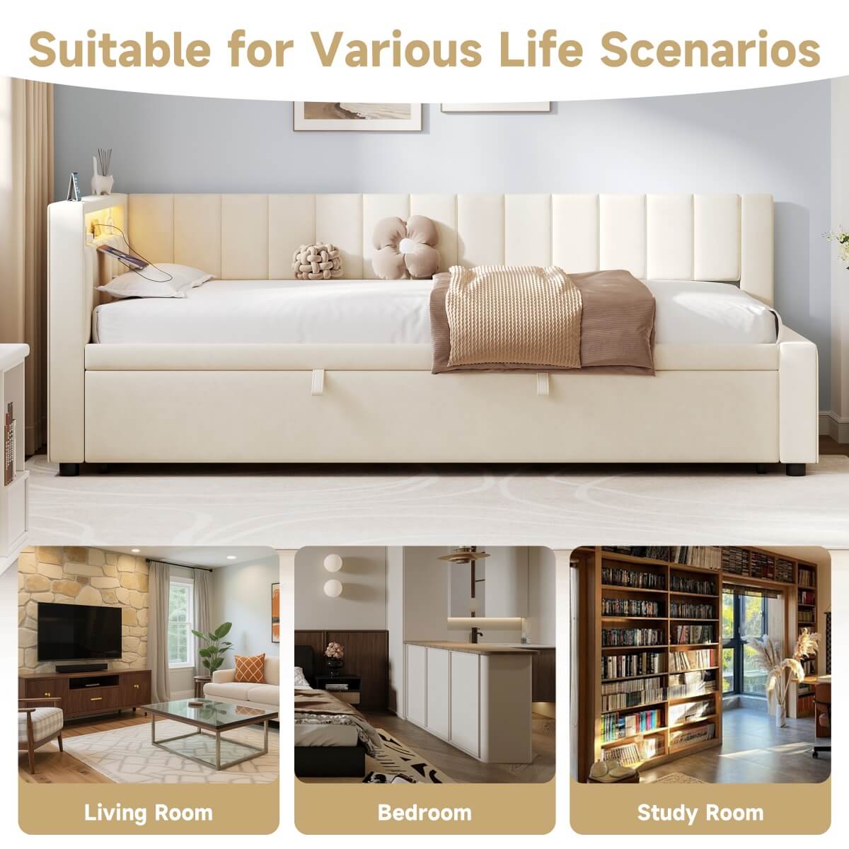 3ft Single Velvet Daybed with Trundle - Reversible Sofa Bed with RGB LED Lights and Charging Station, Beige
