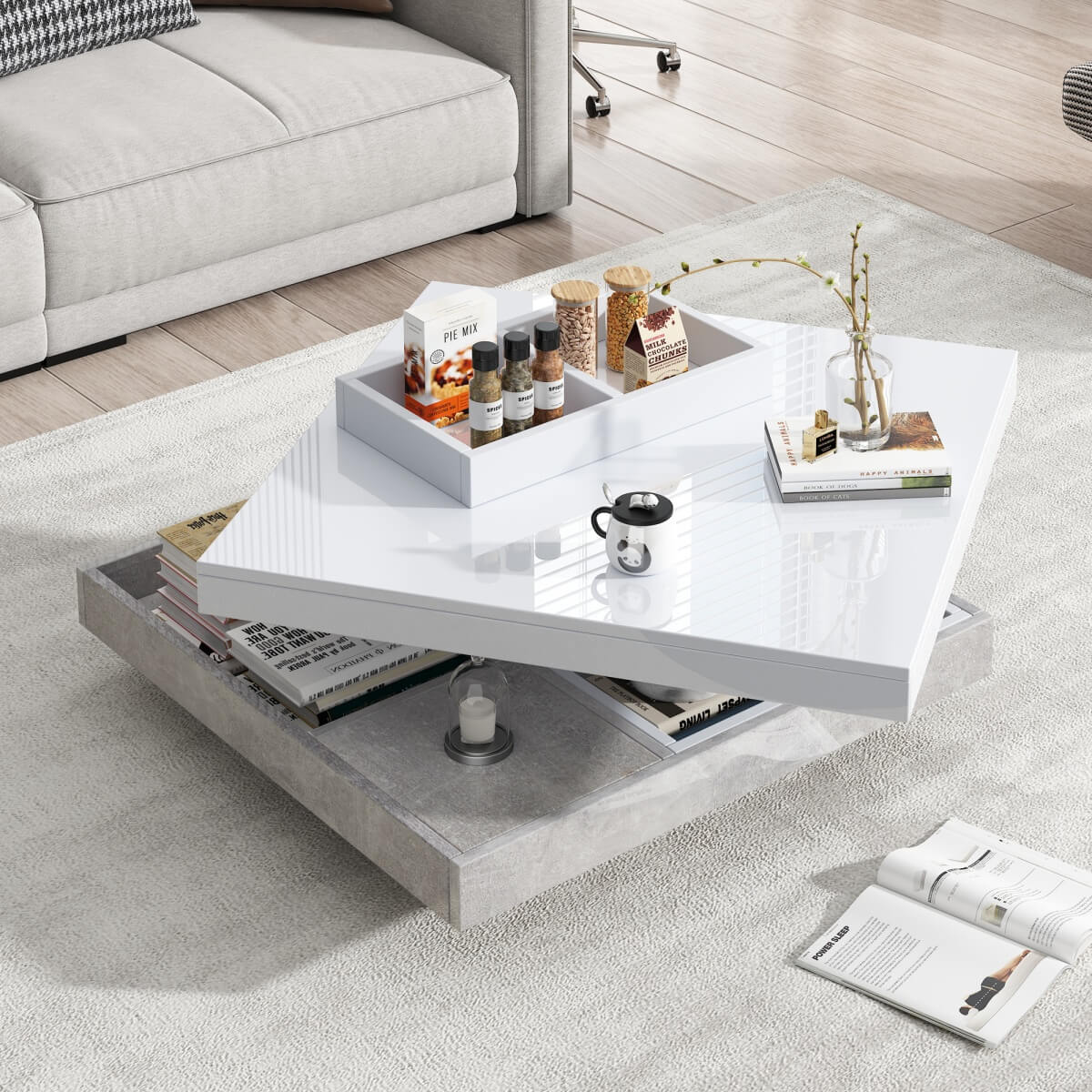 360° Rotating Coffee Table – High Gloss, Storage Compartments, Marble Effect, White