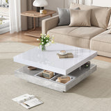 360° Rotating Coffee Table – High Gloss, Storage Compartments, Marble Effect, White