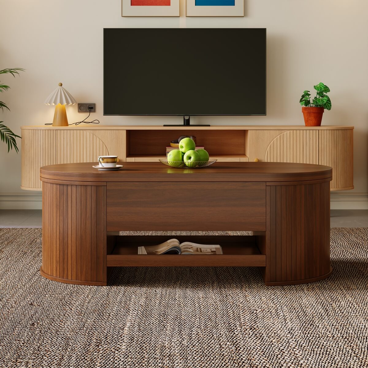 Lift-Top Coffee Table with Curved Wood Sides - Extendable Storage Centre Table for Living Room