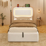 3ft Single Boucle Ottoman Bed Frame with Hydraulic Storage - RGB LED Lights, USB-C Charging Ports, Beige