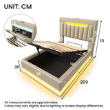 3ft Single Ottoman Bed Frame with LED Headboard - Upholstered Linen Bed with Hydraulic Storage, USB-C Charging and Headboard Storage for Phones and Tablets, Beige