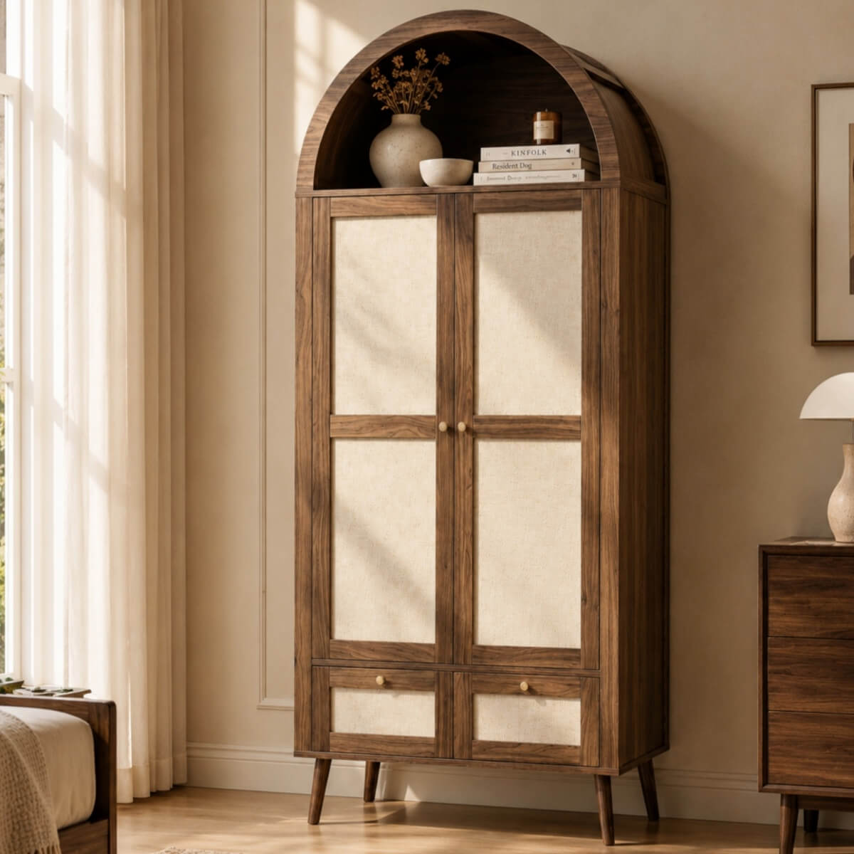 180cm Rattan Effect 2 Door Wardrobe with Arched Top - Walnut and Beige Storage Wardrobe with Hanging Rail, Display Shelf and 2 Drawers