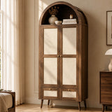 180cm Rattan Effect 2 Door Wardrobe with Arched Top - Walnut and Beige Storage Wardrobe with Hanging Rail, Display Shelf and 2 Drawers