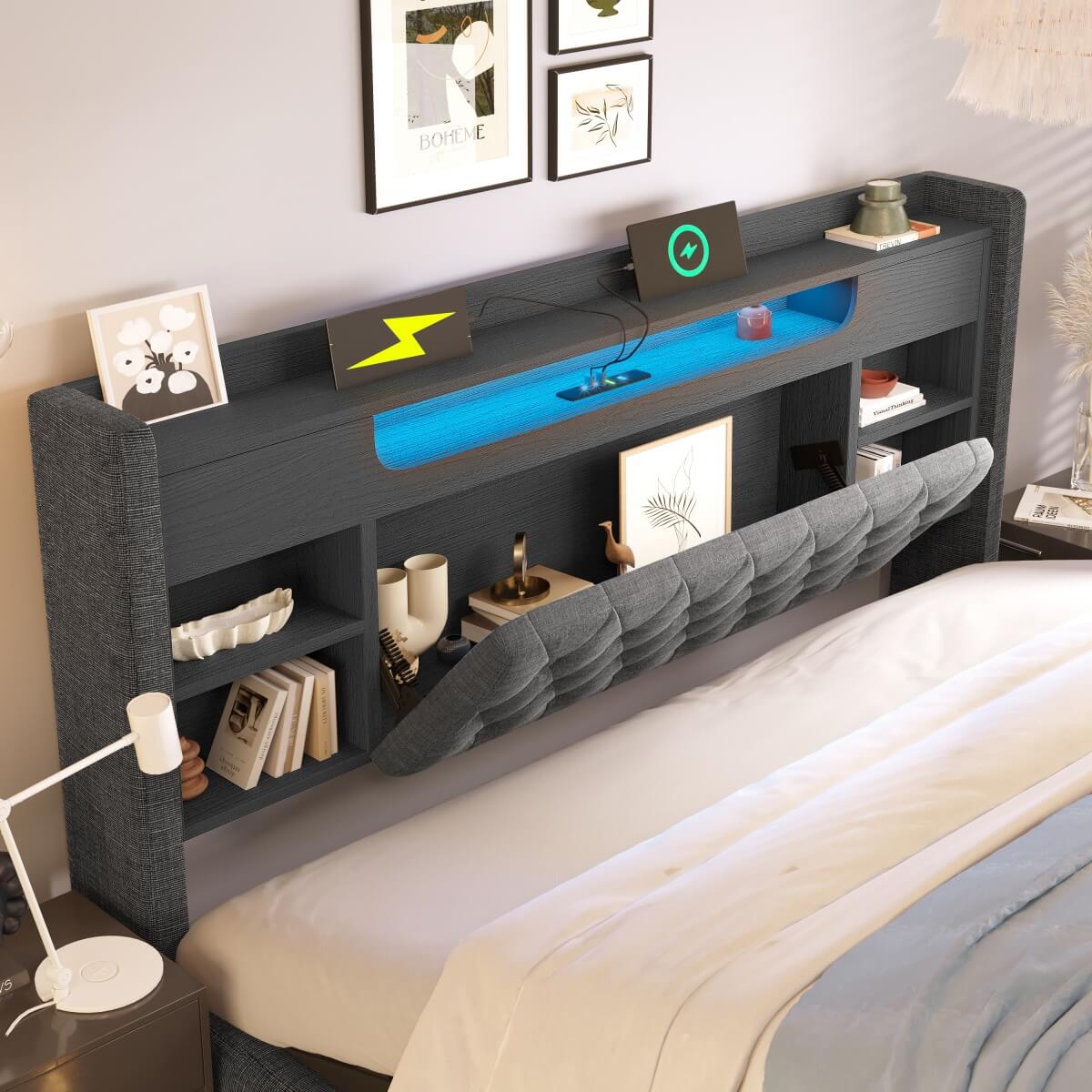 5ft King Size Upholstered Storage Bed with Hydraulic Lift - LED Lighting & Charging Station, Linen, Grey