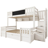 Solid Wood Kids Bunk Bed with Staircase – 90×190cm Top & 135×190cm Bottom, Storage Drawers and Chalkboard