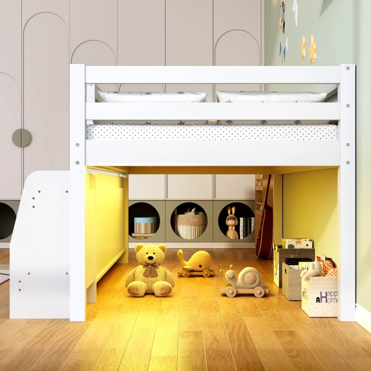 3ft Single Wooden Mid Sleeper Bed with LED Lights - Kids Bed Frame with Storage Stairs, Shelf, Under-Bed Space, Safety Guard Rails and Moon and Star Design, White