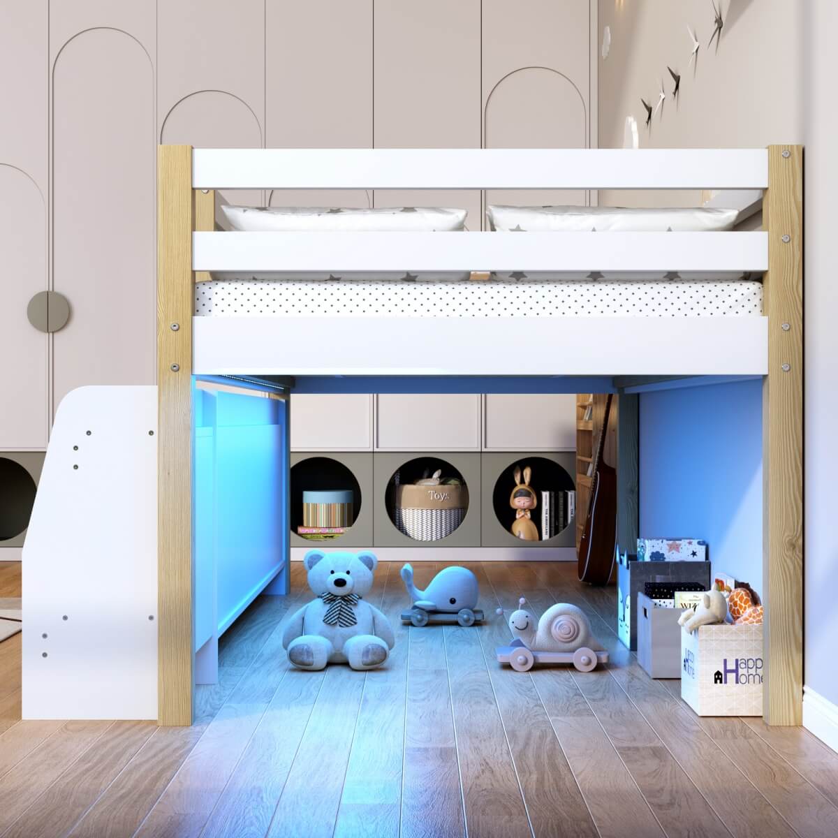 3ft Single Wooden Mid Sleeper Bed with LED Lights - Kids Bed Frame with Storage Stairs, Shelf, Under-Bed Space, Safety Guard Rails and Moon and Star Design, Natural Wood and White