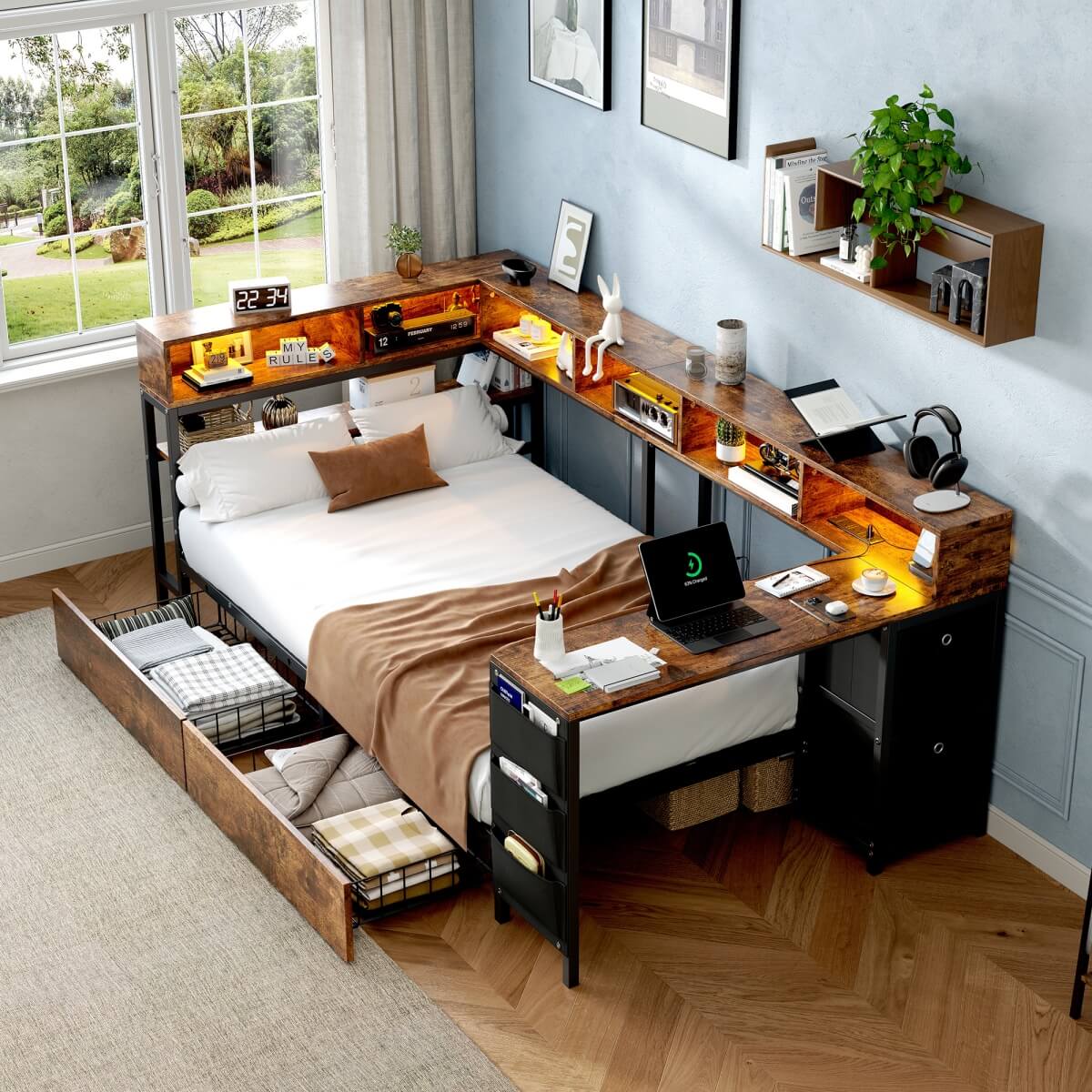 3ft Single Metal Bed Frame with Storage Drawers - LED Bed with Bedside Shelves, Charging Station, Built-In Desk and Fabric Storage Bin, Black and Dark Walnut