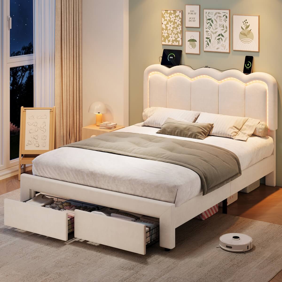 4ft6 Double Velvet Bed Frame with LED Wavy Headboard - Upholstered Bed with Storage Drawers, Charging Station, Beige
