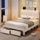 4ft6 Double Velvet Bed Frame with LED Wavy Headboard - Upholstered Bed with Storage Drawers, Charging Station, Beige