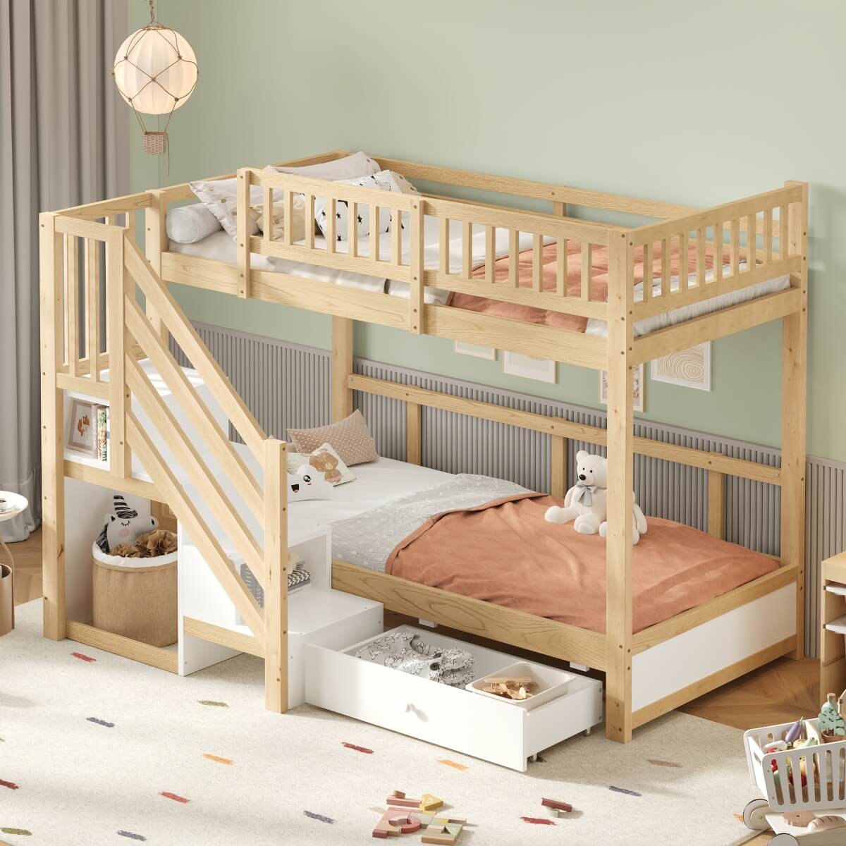 3ft Single over Single Wooden Bunk Bed - Storage Staircase with Open Compartments, Drawer Storage and Full-Length Safety Guard Rails, Natural Wood and White