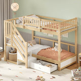 3ft Single over Single Wooden Bunk Bed - Storage Staircase with Open Compartments, Drawer Storage and Full-Length Safety Guard Rails, Natural Wood and White