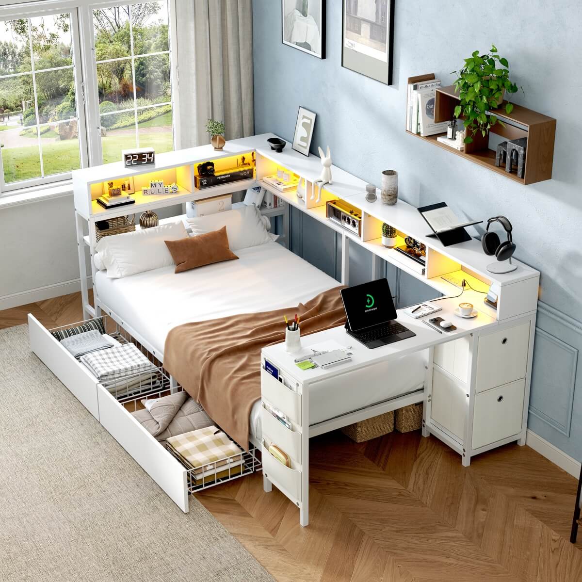3ft Single Metal Bed Frame with Storage Drawers - LED Bed with Bedside Shelves, Charging Station, Built-In Desk and Fabric Storage Bin, White