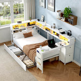 3ft Single Metal Bed Frame with Storage Drawers - LED Bed with Bedside Shelves, Charging Station, Built-In Desk and Fabric Storage Bin, White