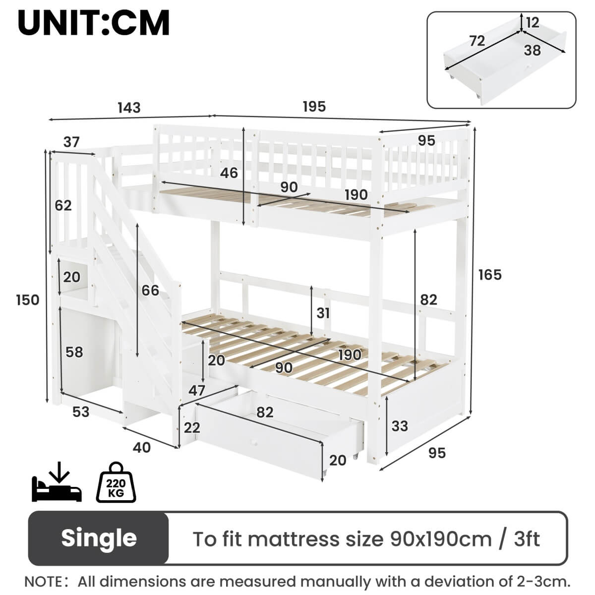 3ft Single over Single Wooden Bunk Bed - Storage Staircase with Open Compartments, Drawer Storage and Full-Length Safety Guard Rails, White