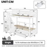 3ft Single over Single Wooden Bunk Bed - Storage Staircase with Open Compartments, Drawer Storage and Full-Length Safety Guard Rails, White