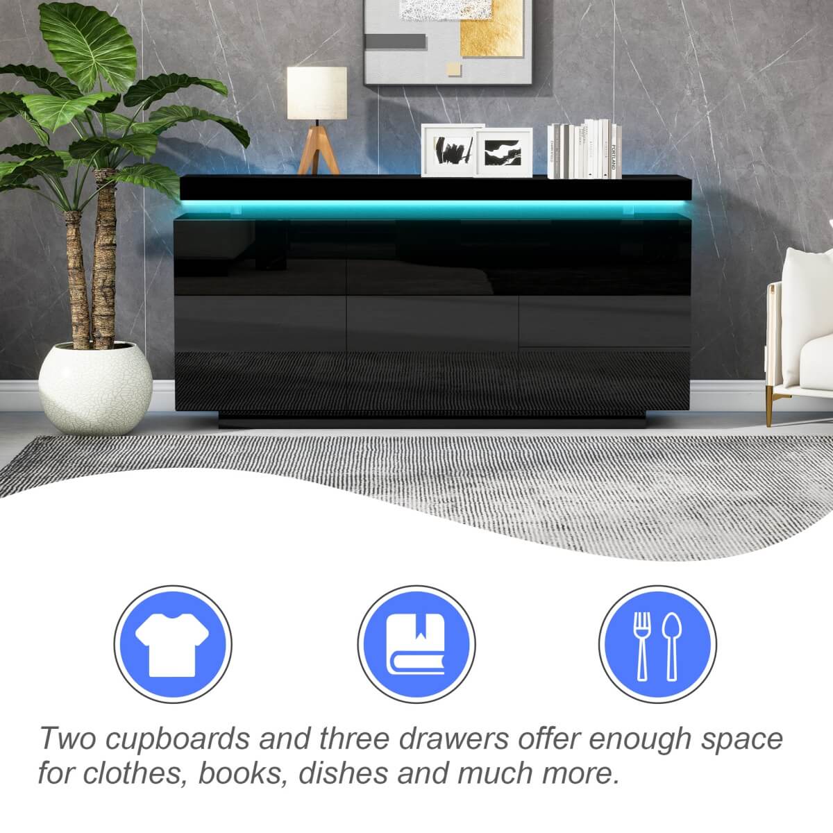 LED Sideboard - High Gloss Cabinet with 2 Doors and 3 Drawers, Black