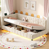 3ft Single Boucle Hydraulic Storage Bed - Side Opening Bed with RGB LED Lights and Charging Station, Beige